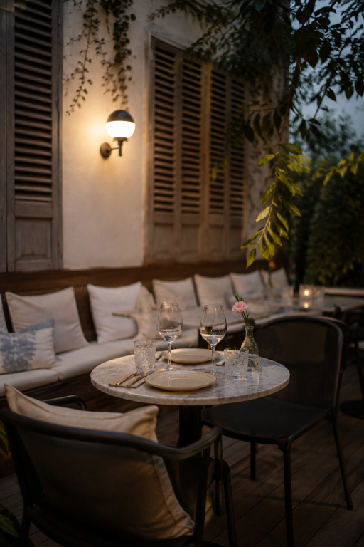 Table set for a romantic dinner on the terrace at Viu Restaurant in Palma